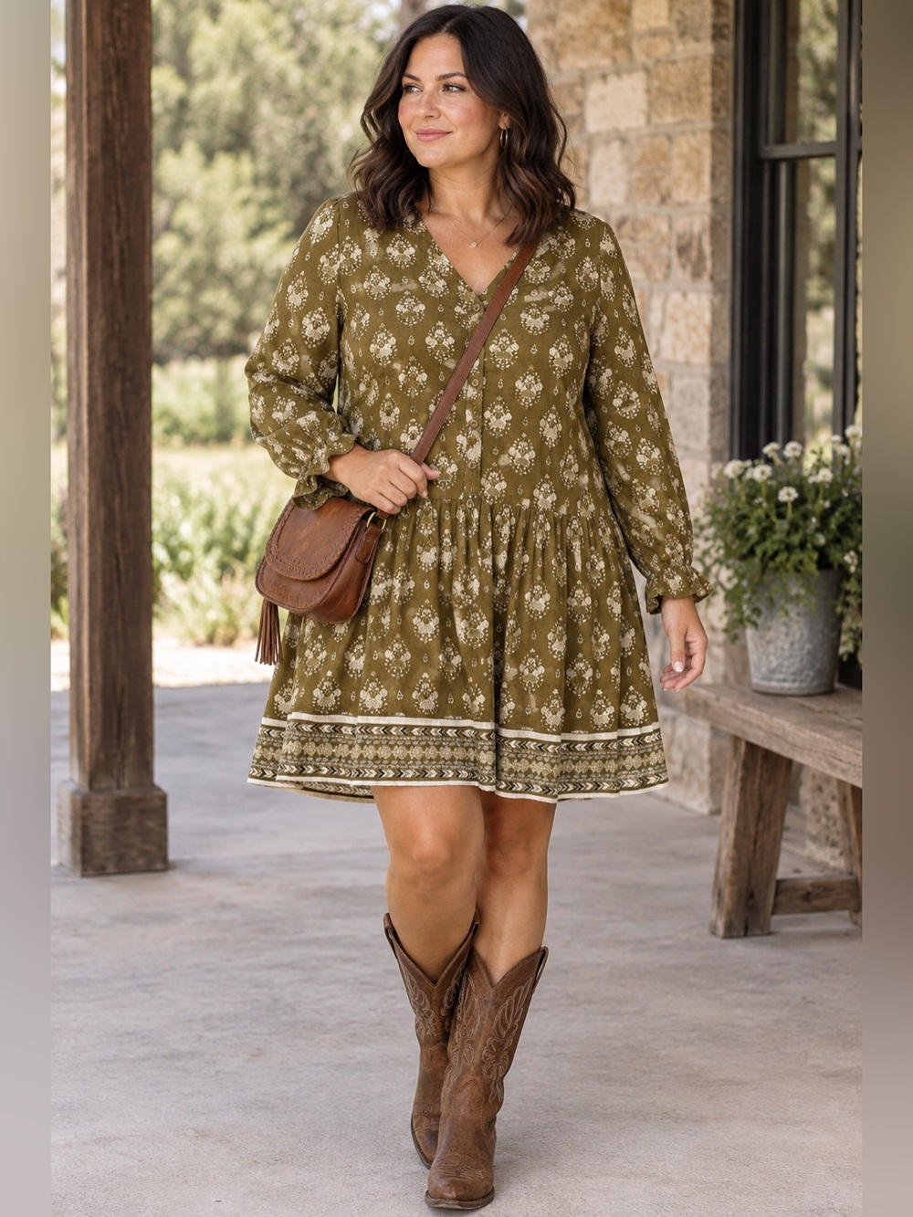 Garnet Hill Dress Olive and Cream Patterned Western Button Down Boho Relaxed fit